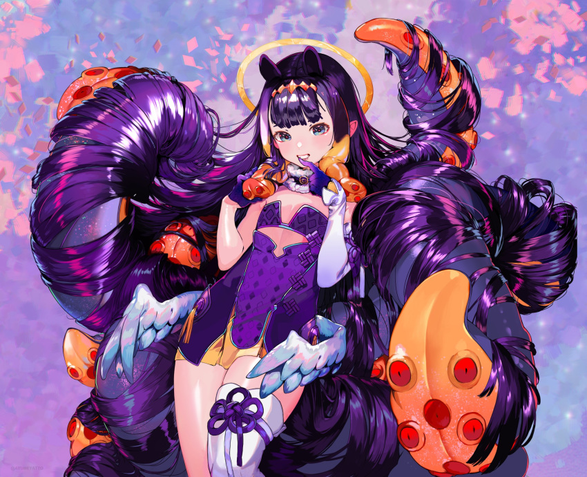 1girl ayumeyatto bangs black_dress black_gloves blunt_bangs breasts detached_sleeves dress gloves halo highres hololive hololive_english holomyth long_hair looking_at_viewer ninomae_ina'nis pointy_ears purple_hair small_breasts smile solo tentacle_hair tentacles thigh-highs very_long_hair virtual_youtuber
