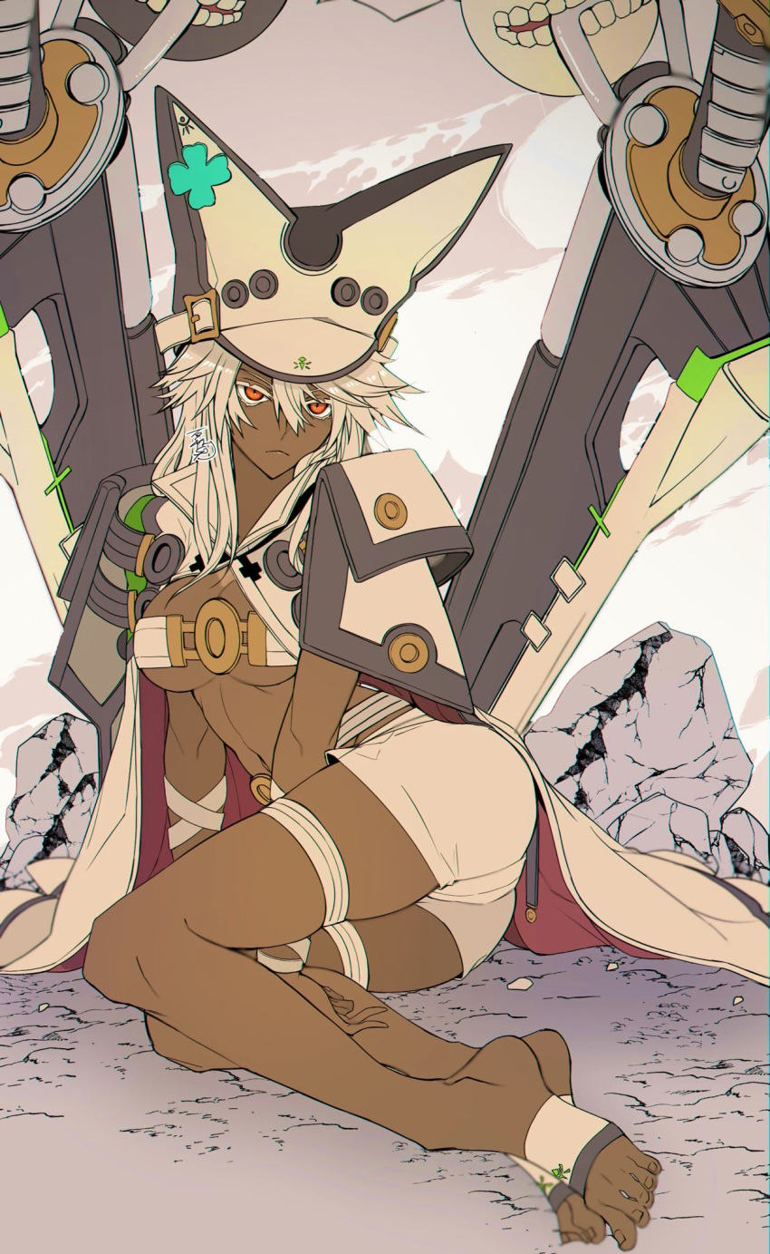 1girl barefoot belt breasts brown_eyes closed_mouth clover dark_skin feet four-leaf_clover guilty_gear guilty_gear_xrd hair_between_eyes highres looking_at_viewer lying medium_breasts medium_hair midriff navel on_side ramlethal_valentine roas01b rock shorts skindentation solo staring sword thick_thighs thigh_strap thighs under_boob weapon white_hair