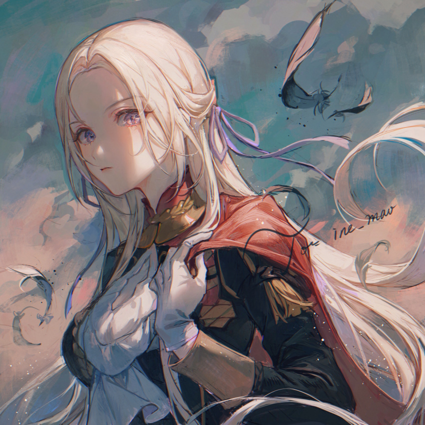 1girl bangs breasts capelet closed_mouth clouds cloudy_sky day edelgard_von_hresvelg expressionless feathers fire_emblem fire_emblem:_three_houses forehead garreg_mach_monastery_uniform gloves hair_ribbon highres lips long_hair looking_at_viewer maccha_(mochancc) medium_breasts outdoors parted_bangs red_capelet ribbon signature silver_hair sky solo straight_hair uniform upper_body violet_eyes white_gloves