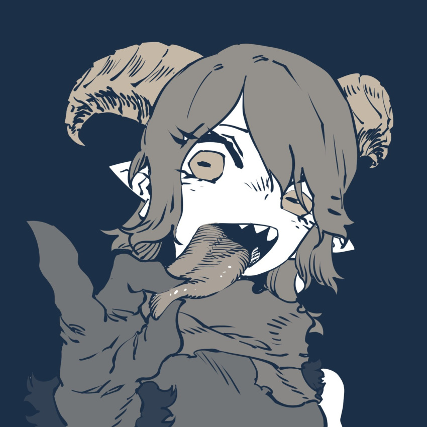 1girl blue_background brown_theme curled_horns demon_girl fewer_digits gloves highres horizontal_pupils horns long_tongue monochrome original pinky_out pointy_ears scarf sharp_teeth short_hair simple_background solo ssambatea teeth tongue tongue_grab tongue_out upper_body