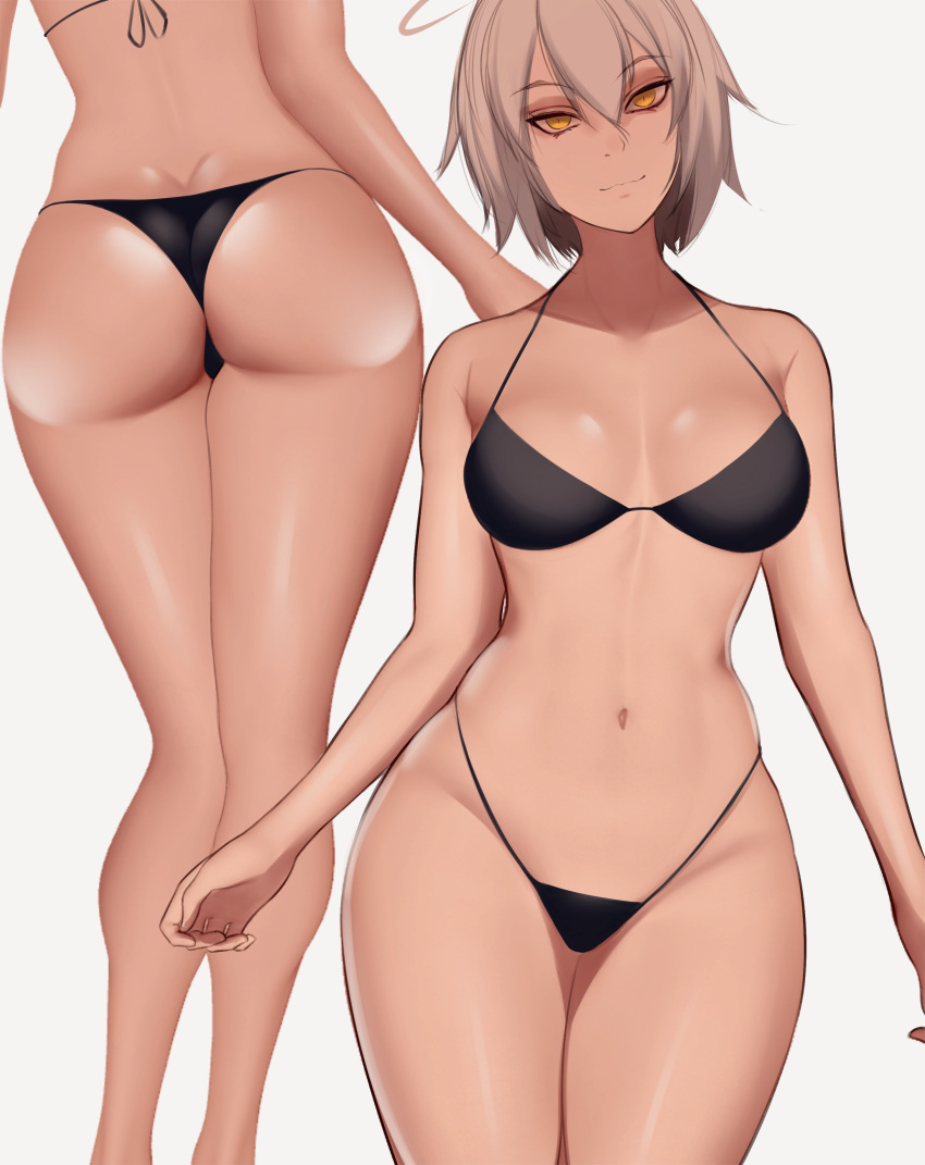 1girl absurdres ahoge ass bangs bikini biriyb black_bikini breasts butt_crack cowboy_shot fate/apocrypha fate/grand_order fate_(series) from_behind grey_background head_out_of_frame highres jeanne_d'arc_(alter)_(fate) jeanne_d'arc_(fate)_(all) large_breasts multiple_views navel shiny shiny_skin short_hair silver_hair skindentation smile swimsuit tsurime yellow_eyes