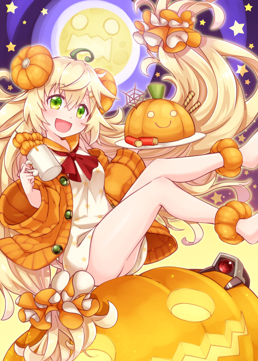 1girl :d bangs barefoot blonde_hair blush commentary_request cup dinergate_(girls_frontline) dress eyebrows_visible_through_hair feet_out_of_frame floating_hair food_themed_hair_ornament full_moon girls_frontline green_eyes hair_between_eyes hair_ornament hair_scrunchie hairclip highres holding holding_cup holding_tray jack-o'-lantern jacket long_hair long_sleeves looking_at_viewer moon mug open_clothes open_jacket open_mouth orange_jacket orange_scrunchie print_dress pumpkin_hair_ornament robot s.a.t.8_(girls_frontline) sansei_rain scrunchie shotgun_shells silk smile spider_web star_(symbol) star_print tray very_long_hair white_dress wide_sleeves