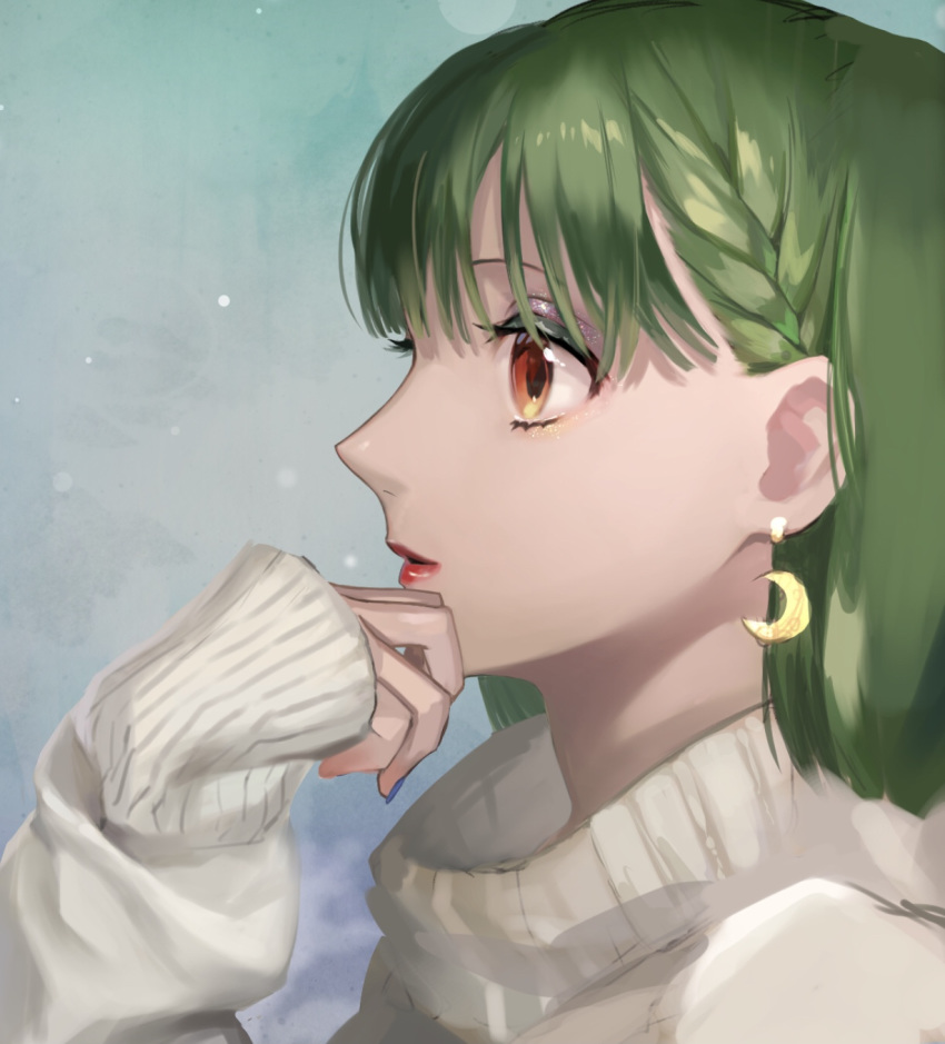 braid crescent crescent_earrings earrings green_hair grey_background highres jewelry macross macross_frontier parted_lips pote-mm profile ranka_lee red_eyes red_lips ribbed_sweater shiny shiny_hair short_hair single_braid sleeves_past_wrists sweater white_sweater