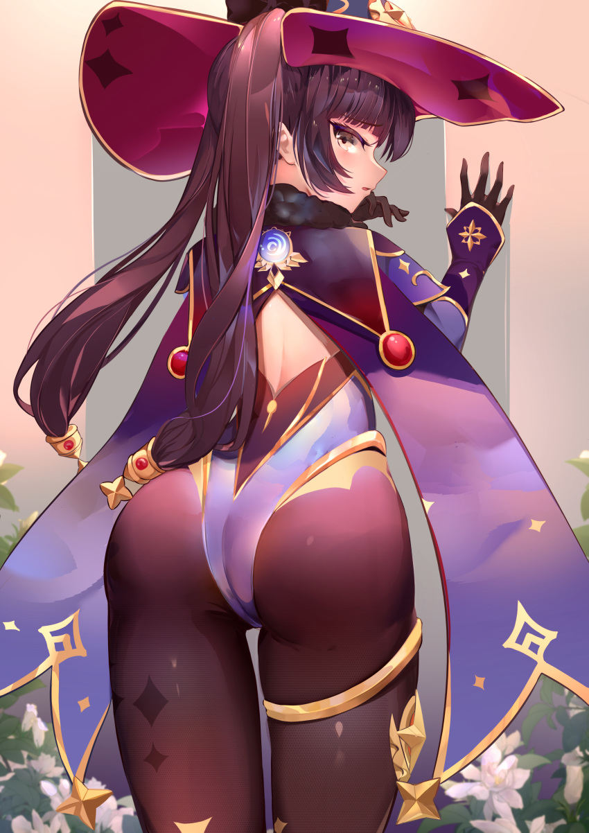 1girl absurdres ass back black_legwear blush genshin_impact gloves hat highres jewelry leotard long_hair looking_at_viewer mage mona_(genshin_impact) open_mouth pantyhose purple_hair ribbon solo twintails witch_hat xiaoshan_jiang