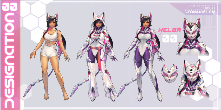 absurdres android animal_ears animal_hood black_hair bodysuit bodysuit_under_clothes cat_ears cat_girl character_sheet commission cyberpunk english_commentary full_body gun handgun highres hood hood_up long_hair mask masked mechanical_tail multicolored_hair original purple_hair revolver science_fiction see-through sjbuns tail tan two-tone_hair violet_eyes weapon