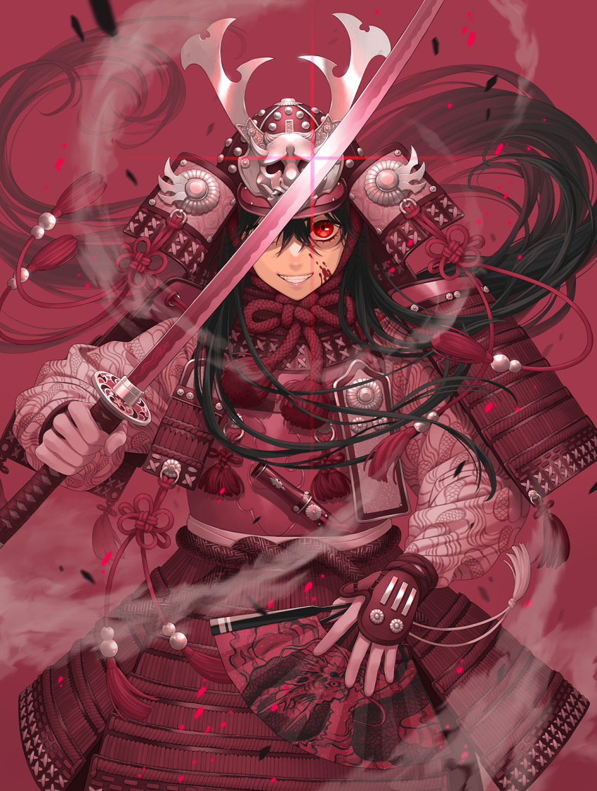 armor blood blood_splatter fan gloves grin hair_between_eyes helmet highres holding holding_fan holding_sword holding_weapon japanese_armor long_sleeves looking_at_viewer minami_(minami373916) one_eye_covered original red_background red_eyes red_theme rope samurai smile sword tassel upper_body weapon