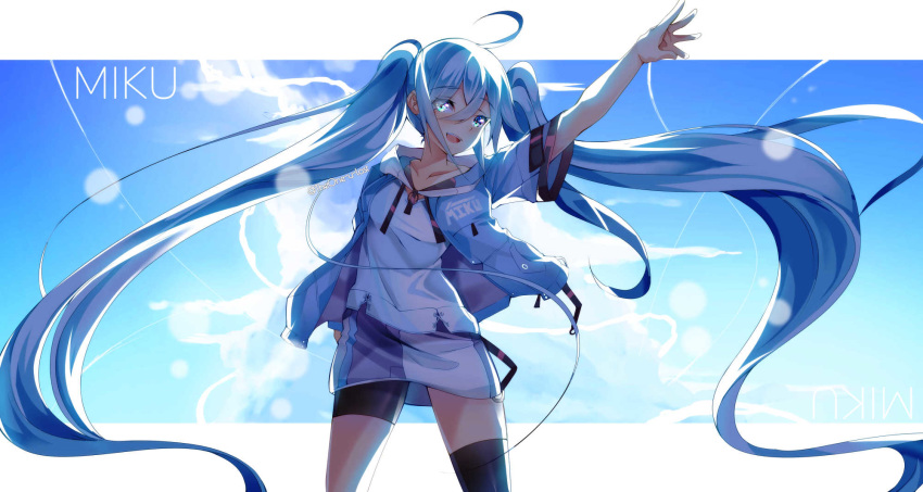 1girl :d absurdly_long_hair ahoge asymmetrical_legwear asymmetrical_shorts bangs bike_shorts black_legwear black_shorts blue_eyes blue_hair blue_jacket border character_name collarbone cowboy_shot eyebrows_visible_through_hair floating_hair hair_between_eyes hatsune_miku highres hood hood_down hooded_jacket jacket letterboxed long_hair open_clothes open_jacket open_mouth shiny shiny_hair shirt short_shorts short_sleeves shorts single_thighhigh smile solo the0neulost thigh-highs twintails very_long_hair vocaloid white_border white_shirt