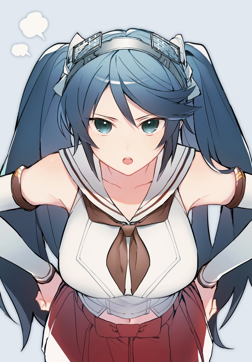 1girl angry blue_eyes blue_hair breasts brown_neckwear collarbone commentary_request detached_sleeves grey_background hands_on_hips highres isuzu_(kantai_collection) kantai_collection large_breasts leaning_forward long_hair looking_at_viewer navel neckerchief open_mouth pleated_skirt ponko_(damachida) red_skirt remodel_(kantai_collection) sailor_collar sailor_shirt shirt simple_background skirt sleeveless sleeveless_shirt solo standing twintails white_sailor_collar white_shirt