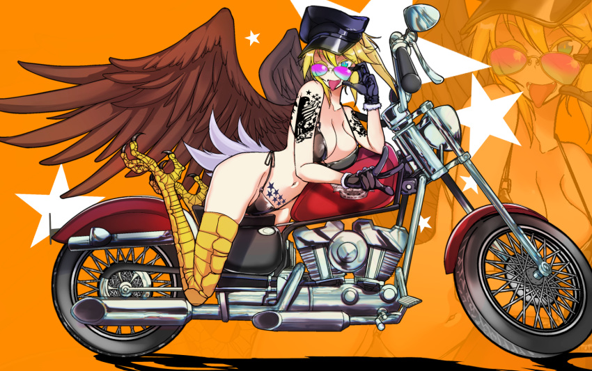 1girl america arm_tattoo bikini bird_legs black_bikini black_gloves black_headwear blonde_hair breasts brown_wings commentary_request feathered_wings gloves green_eyes ground_vehicle hat highres large_breasts long_hair motor_vehicle motorcycle navel original peaked_cap ponytail ryuu_tou side-tie_bikini slit_pupils solo star_(symbol) star_tattoo stomach_tattoo string_bikini sunglasses swimsuit tattoo wings