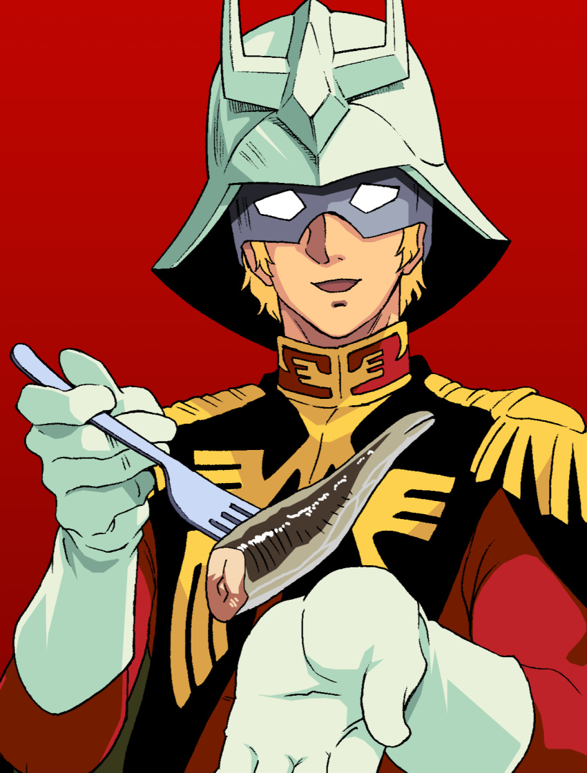 1boy blonde_hair char_aznable fork gloves gundam helmet highres holding holding_fork mask mobile_suit_gundam offering open_mouth red_background sardine solo tani_kazuya white_gloves zeon