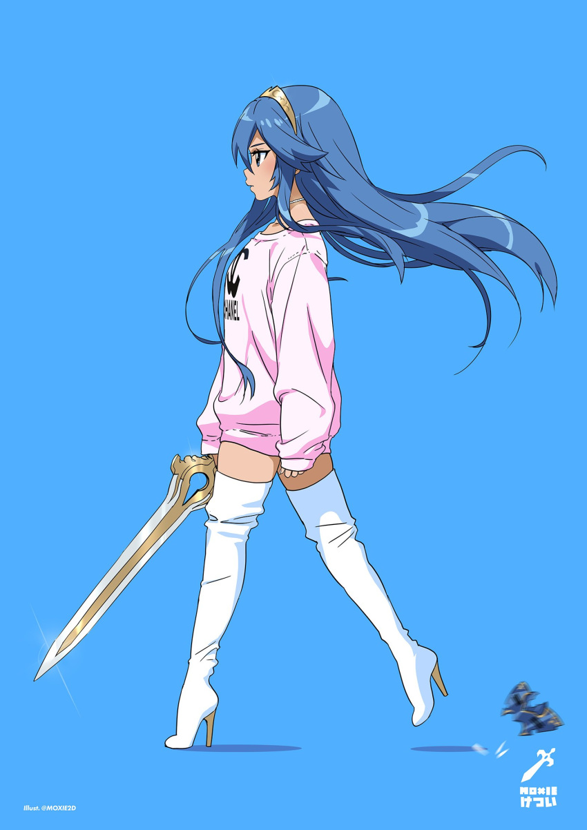 1girl blue_background blue_eyes blue_hair boots choker clothes_writing commentary dress english_commentary fire_emblem fire_emblem_awakening full_body high_heel_boots high_heels highres long_hair long_sleeves lucina lucina_(fire_emblem) mask mask_removed motion_blur pink_dress pink_sweater profile rpofile simple_background sleeves_past_wrists solo super_smash_bros. sweater sweater_dress thigh-highs thigh_boots tiara tom_skender twitter_username very_long_hair walking white_choker white_footwear zettai_ryouiki