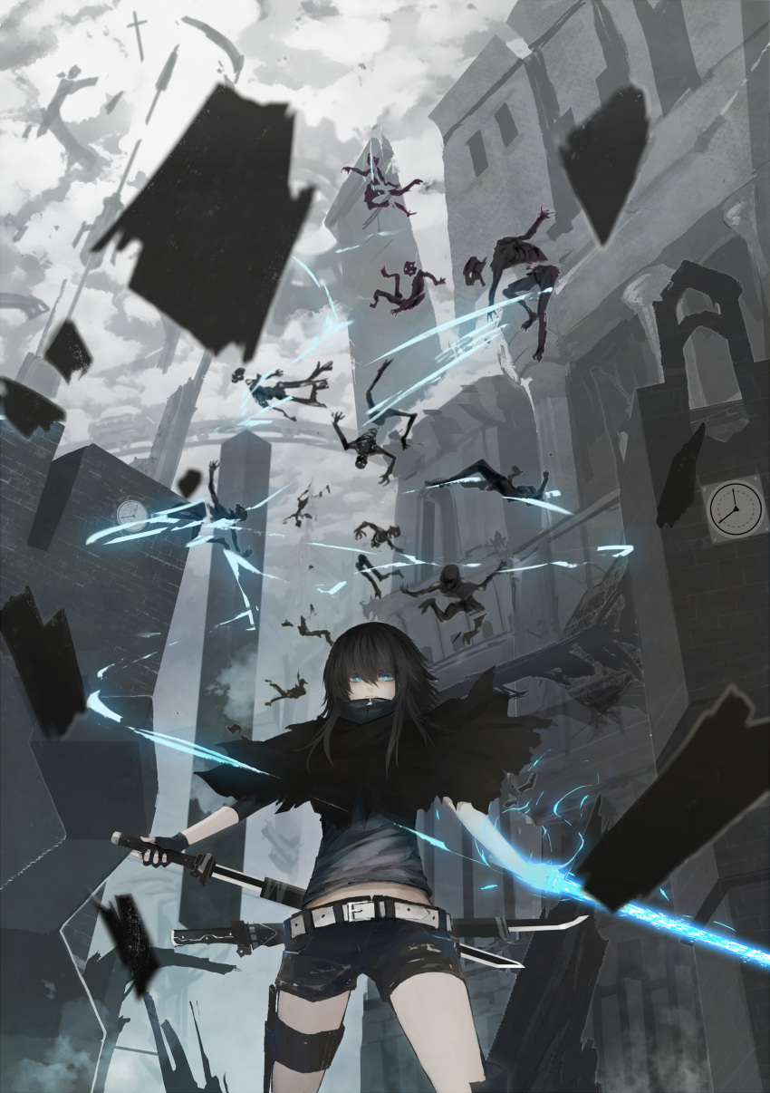 1girl 6+others absurdres belt black_cloak black_gloves black_hair blue_eyes blue_nails building city cloak clock closed_mouth clouds cloudy_sky cross dismemberment dual_wielding fingerless_gloves fingernails gloves glowing glowing_weapon grey_sky hair_between_eyes highres holding holding_sword holding_weapon katana medium_hair mek multiple_others no_pupils open_mouth original outdoors scabbard sheath sheathed sheathing sky slashing sword thigh_strap weapon white_eyes