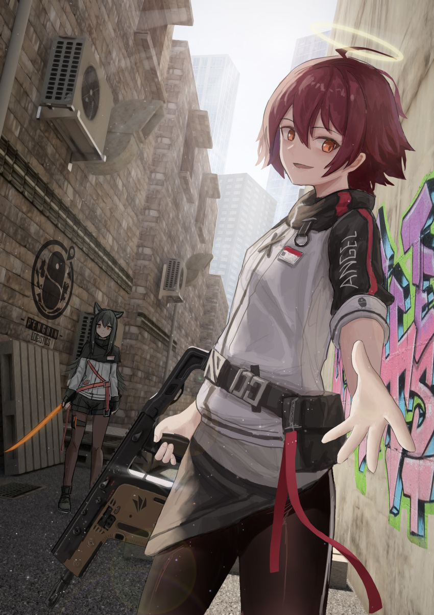 2girls absurdres andy2465 animal_ears arknights black_hair bob_cut city cityscape exusiai_(arknights) gun halo highres jacket long_hair looking_at_viewer multiple_girls name_tag pantyhose red_eyes redhead shoes short_hair short_shorts shorts sword texas_(arknights) weapon yellow_eyes