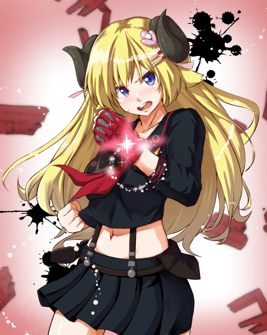 1girl animal_ears black_serafuku blonde_hair blue_eyes clenched_hand cosplay cowboy_shot determined fingerless_gloves gloves hair_ornament hairclip haruka_kuromiya highres hololive horns kill_la_kill long_hair long_sleeves looking_at_viewer making-of_available matoi_ryuuko matoi_ryuuko_(cosplay) midriff miniskirt navel neckerchief plaid plaid_skirt pleated_skirt red_gloves red_neckwear school_uniform senketsu serafuku sheep_ears sheep_girl sheep_horns single_glove skirt solo suspenders tsunomaki_watame v-shaped_eyebrows virtual_youtuber