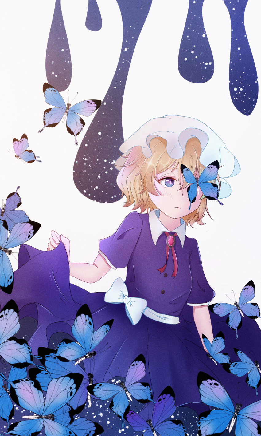 1girl absurdres artist_request bangs blonde_hair blue_butterfly blush bug butterfly closed_mouth dress hair_between_eyes hat highres holding holding_clothes holding_skirt insect maribel_hearn medium_hair puffy_short_sleeves puffy_sleeves purple_dress short_sleeves simple_background skirt solo standing touhou white_background