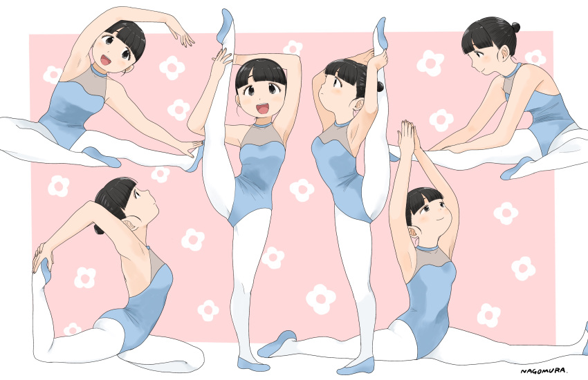 1girl absurdres ballet_slippers bangs black_hair blue_leotard blunt_bangs commentary_request floral_background hair_bun highres leg_lift leotard looking_at_viewer looking_to_the_side nagomurasan open_mouth original pantyhose sitting smile split standing standing_on_one_leg stretch white_legwear