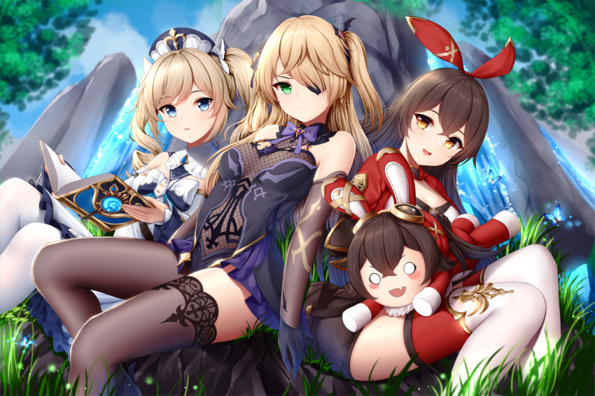 3girls amber_(genshin_impact) arm_warmers asymmetrical_legwear barbara_(genshin_impact) bare_shoulders black_dress black_gloves black_hair black_legwear black_shorts blonde_hair blue_eyes book boots breasts bug butterfly character_doll closed_mouth day dress eyepatch fischl_(genshin_impact) genshin_impact gloves gold_trim grass green_eyes hair_over_one_eye hair_ribbon highres insect long_hair looking_at_viewer multiple_girls open_mouth outdoors parted_lips red_legwear ribbon short_shorts shorts single_leg_pantyhose single_thighhigh sitting small_breasts smile thigh-highs thigh_boots thighs twintails two_side_up v-shaped_eyebrows white_footwear white_headwear wsman yellow_eyes