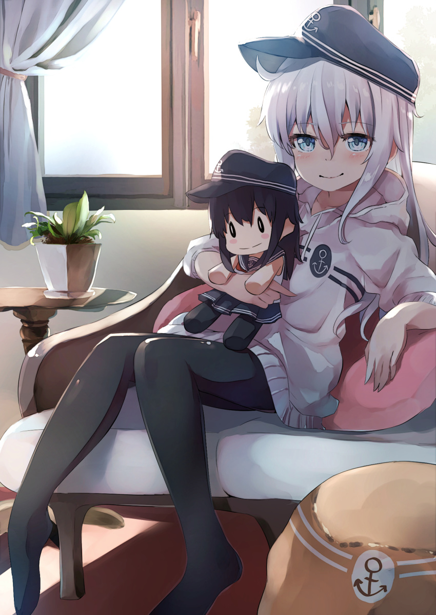 1girl akatsuki_(kantai_collection) alternate_costume anchor_symbol black_headwear black_legwear blue_eyes character_doll commentary_request couch dress flat_cap full_body hat hibiki_(kantai_collection) highres hood hooded_dress hoodie indoors kantai_collection long_hair looking_at_viewer pantyhose plant potted_plant silver_hair sitting solo sweater taisho_(gumiyuki) white_dress white_sweater