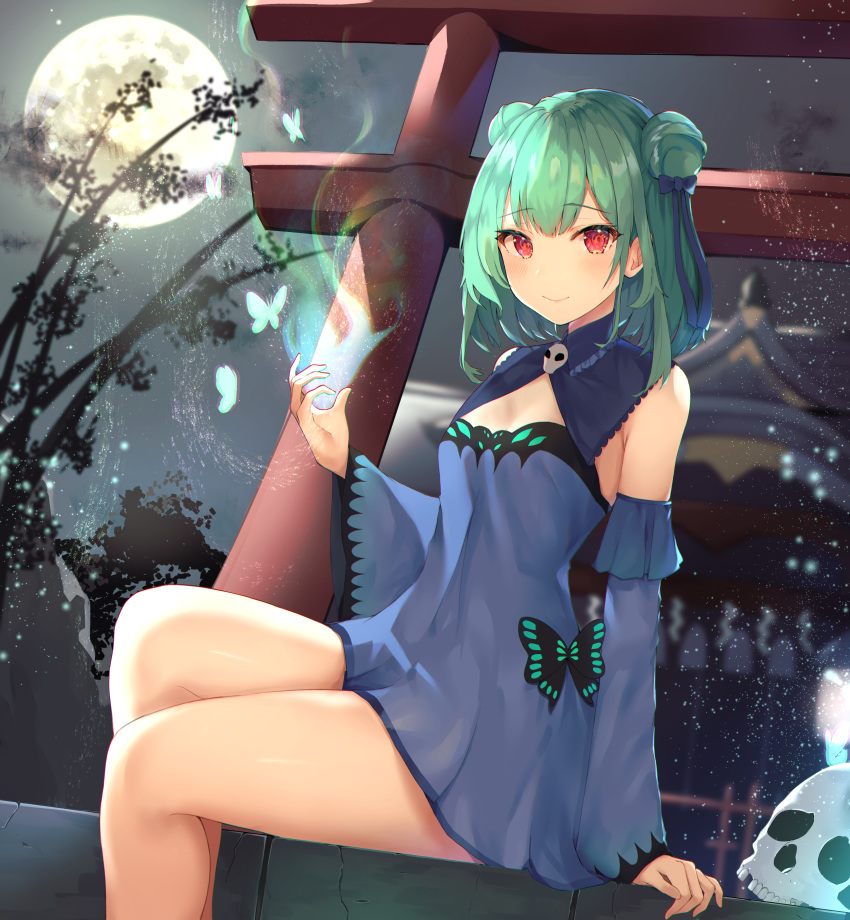 1girl absurdres blue_dress bow breasts brooch bug butterfly detached_sleeves double_bun dress eyebrows_visible_through_hair green_hair highres hololive huge_filesize insect jewelry long_sleeves looking_at_viewer moon necromancer night pagoda red_eyes rock shiina_aoi short_hair sitting skull sky small_breasts smile solo star_(sky) starry_sky tree uruha_rushia virtual_youtuber