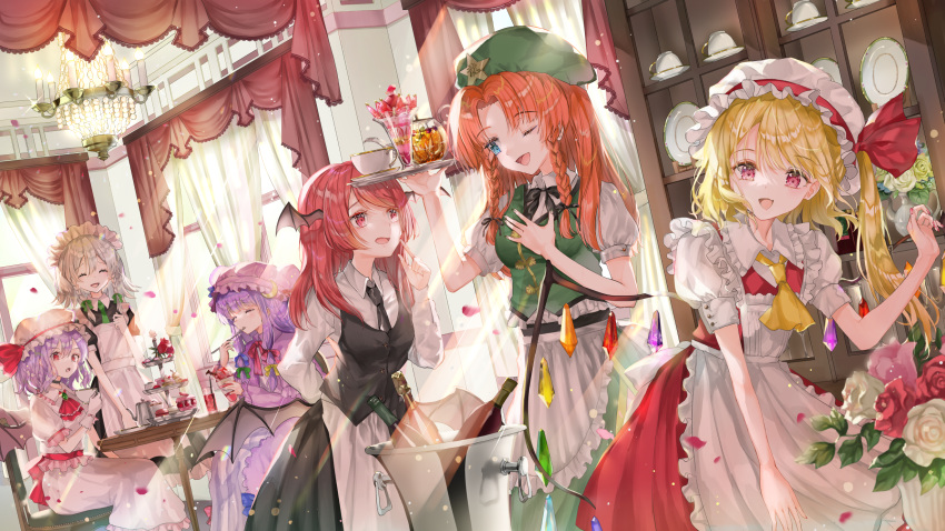 6+girls alternate_costume apron arm_behind_back ascot bangs bat_wings beret black_neckwear black_ribbon black_skirt black_vest blonde_hair blue_bow blue_dress blue_eyes blue_ribbon bow braid brooch chandelier closed_eyes commentary_request cowboy_shot crescent crescent_hair_ornament crystal dress eating enmaided flandre_scarlet flipped_hair food_request frilled_apron frilled_shirt_collar frills green_bow green_neckwear green_ribbon green_skirt green_vest hair_bow hair_intakes hair_ornament hair_ribbon hand_on_own_chest hand_up hat head_wings highres holding holding_tray hong_meiling indoors izayoi_sakuya jewelry koakuma light_purple_hair long_hair long_sleeves looking_at_another looking_at_viewer low_wings maid maid_apron maid_headdress medium_hair mob_cap multiple_girls necktie one_eye_closed one_side_up open_mouth orange_hair patchouli_knowledge piyo_(sqn2idm751) puffy_short_sleeves puffy_sleeves purple_hair red_bow red_dress red_eyes red_ribbon redhead remilia_scarlet ribbon shirt short_hair short_sleeves sidelocks silver_hair sitting sketch skirt skirt_set standing star_(symbol) sunlight touhou tray twin_braids unfinished vest waist_apron white_shirt window wing_collar wings yellow_neckwear yellow_ribbon