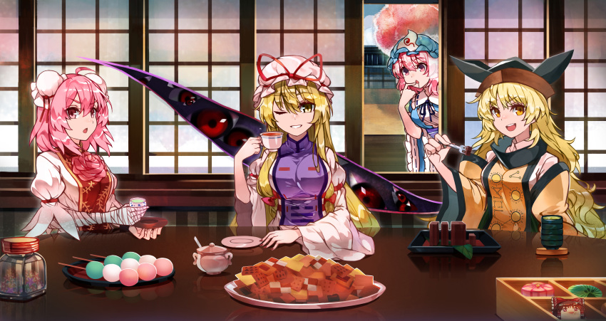 4girls absurdres ahoge bandaged_arm bandages black_headwear blonde_hair blue_headwear blue_kimono bow breasts commentary creeper_(gametime) cup dango double_bun dress drooling eyes flower food fork frilled_sleeves frills gap_(touhou) grin hair_bow hakurei_reimu hand_up hat highres holding holding_cup holding_fork huge_filesize ibaraki_kasen indoors japanese_clothes kimono long_hair long_sleeves looking_at_viewer matara_okina medium_breasts medium_hair mob_cap multiple_girls open_mouth orange_dress pink_eyes pink_hair red_bow rose saigyouji_yuyuko sanshoku_dango saucer short_sleeves shouji sliding_doors smile sweets tabard table teacup touhou tree wagashi white_dress white_headwear wide_sleeves yakumo_yukari yellow_eyes youkan_(food) yukkuri_shiteitte_ne yunomi