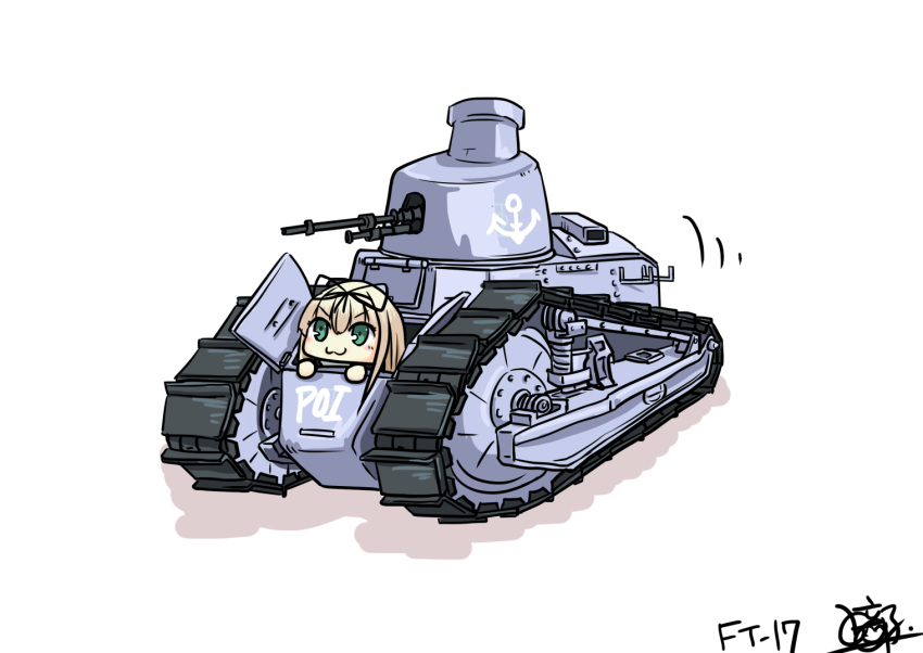 1girl :3 artist_request blonde_hair caterpillar_tracks chibi commentary_request emblem ft-17 green_eyes ground_vehicle hair_ribbon kantai_collection military military_vehicle motor_vehicle ribbon signature tank white_background yuudachi_(kantai_collection)
