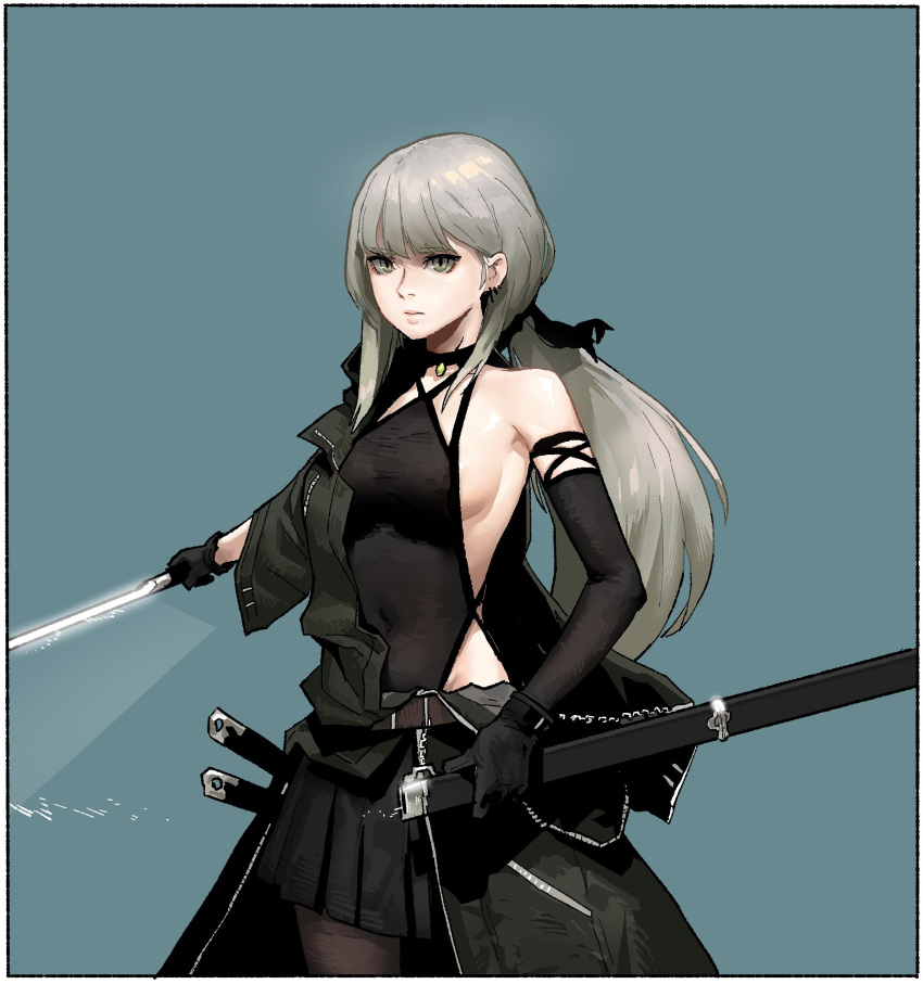 1girl absurdres adapted_uniform bare_shoulders belt black_choker black_gloves black_leotard black_skirt border breasts brown_legwear choker closed_mouth coat covered_navel cowboy_shot earrings gloves gogalking green_coat grey_eyes grey_hair highres holding holding_sheath holding_sword holding_weapon japanese_clothes jewelry leotard long_hair looking_at_viewer medium_breasts military military_monk_(gogalking) military_uniform multiple_swords off-shoulder_coat open_clothes open_coat original pantyhose pleated_skirt ponytail scabbard serious sheath sideboob skirt solo sword uniform unsheathed weapon white_border