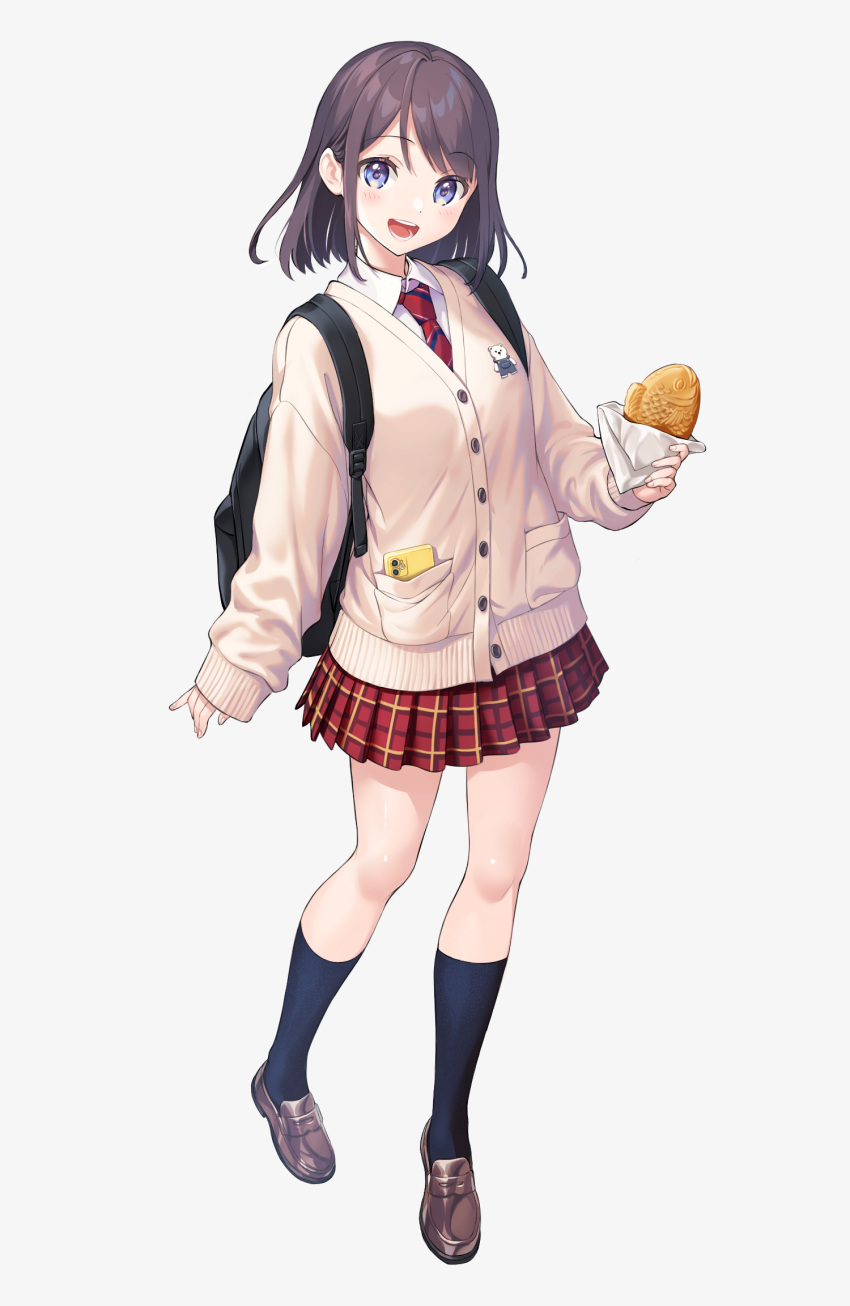 1girl :d backpack bag bangs blue_eyes blush brown_hair cardigan cellphone eyebrows_visible_through_hair fingernails food highres holding holding_food kneehighs letta_illust loafers looking_at_viewer necktie open_mouth original phone plaid plaid_skirt pleated_skirt red_neckwear red_skirt school_bag school_uniform shoes simple_background skirt sleeves_past_wrists smartphone smile solo standing striped striped_neckwear taiyaki wagashi
