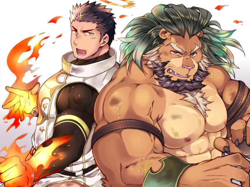 2boys abs animal_ears arsalan_(tokyo_houkago_summoners) back-to-back bara beard black_bodysuit black_hair bodysuit brown_eyes brown_fur chest chest_hair clothing_cutout couple embers facial_hair fighting_stance fingernails flaming_hand furry green_hair halo lion_boy lion_ears looking_at_viewer male_focus medium_hair multiple_boys muscle nipples open_mouth serious sharp_fingernails short_hair stubble thigh_cutout tokyo_houkago_summoners upper_body yellow_eyes youzora_samo18 zabaniya_(tokyo_houkago_summoners)