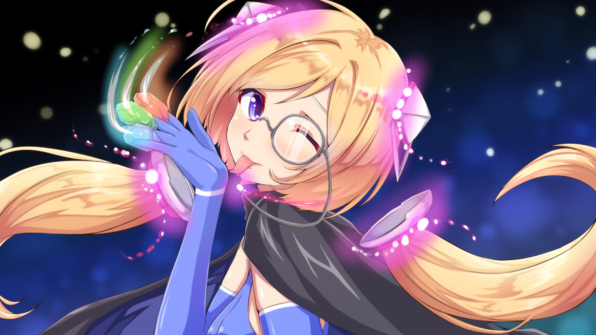 1girl ;p aki_rosenthal bangs black_cape blonde_hair blue_gloves blush bob_cut cape dark_background detached_hair elbow_gloves gloves haruka_kuromiya headgear hololive long_hair looking_at_viewer low_twintails making-of_available monocle one_eye_closed open_mouth parted_bangs short_hair skin_tight solo tongue tongue_out twintails upper_body violet_eyes virtual_youtuber