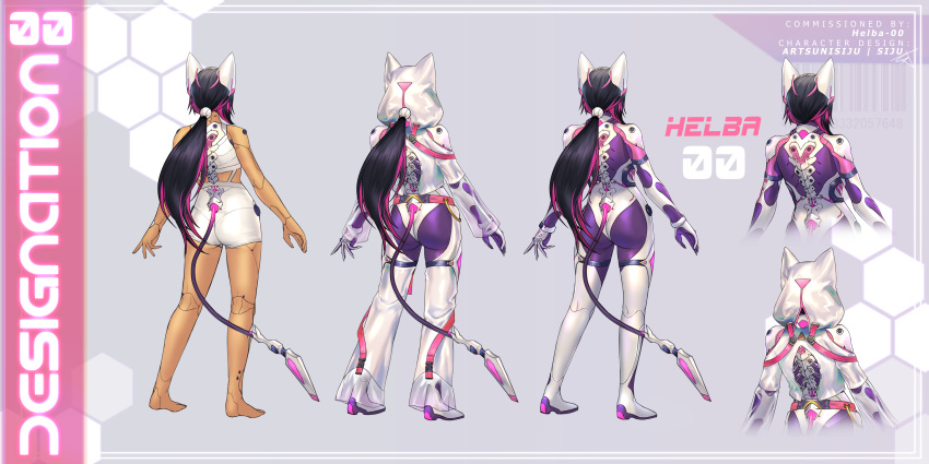 absurdres android animal_ears animal_hood black_hair bodysuit bodysuit_under_clothes cat_ears cat_girl character_sheet commission cyberpunk english_commentary from_behind full_body gun handgun highres hood hood_up long_hair mechanical_backbone mechanical_tail multicolored_hair original purple_hair revolver science_fiction see-through sjbuns tail tan two-tone_hair violet_eyes weapon
