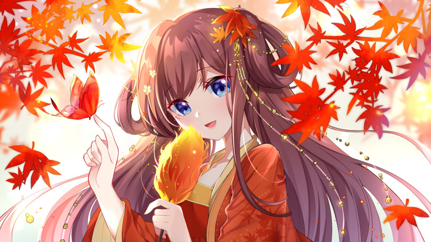 1girl :d autumn autumn_leaves bangs blue_eyes branch brown_hair bug butterfly butterfly_on_finger chinese_clothes chinese_commentary dress eyebrows_visible_through_hair flower gou_lianlian_dogface hair_flower hair_ornament hair_rings hanfu highres holding holding_flower insect leaf leaf_hair_ornament long_hair looking_at_viewer open_mouth original red_dress sidelocks smile solo twintails upper_body