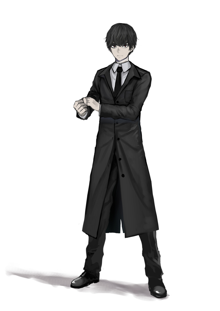 1boy absurdres black_coat black_eyes black_footwear black_hair black_neckwear black_theme clenched_hand closed_mouth coat highres male_focus mek necktie original red_pupils red_theme simple_background solo standing white_background