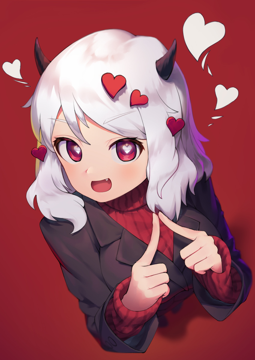 1girl :d absurdres bangs black_horns black_suit breasts commentary_request demon_girl demon_horns eyebrows_visible_through_hair fang fingers_together from_above hair_ornament heart heart-shaped_pupils heart_hair_ornament helltaker highres horns index_fingers_raised large_breasts long_sleeves looking_at_viewer medium_hair modeus_(helltaker) open_mouth pohdae red_background red_eyes red_sweater ribbed_sweater smile solo sweater symbol-shaped_pupils turtleneck turtleneck_sweater white_hair