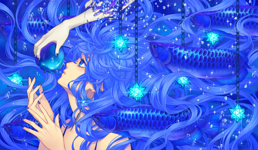 1girl air_bubble apple arowana bangs blue_eyes blue_hair blue_nails blue_theme broken bubble chain crack earrings fish floating_hair food fruit gem hands hands_up highres jewelry long_hair looking_up minami_(minami373916) original parted_lips profile small_stellated_dodecahedron solo sparkle surreal upper_body