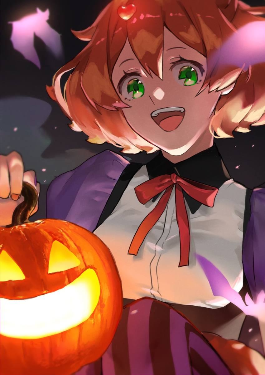 1girl :d bangs dress_shirt freyja_wion green_eyes hair_between_eyes hair_ornament halloween_costume heart heart_hair_ornament highres holding jack-o'-lantern macross macross_delta medium_hair nail_polish neck_ribbon open_mouth orange_hair orange_nails pote-mm purple_sleeves red_ribbon ribbon shiny shiny_hair shirt smile solo striped striped_legwear upper_body vertical-striped_legwear vertical_stripes white_shirt