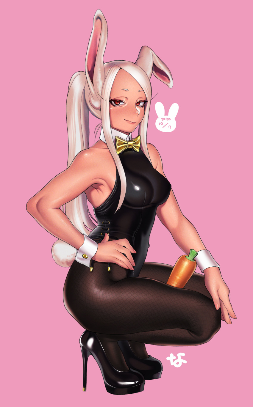 1girl absurdres animal_ears boku_no_hero_academia carrot dark_skin dated hand_on_hip high_heels highres looking_at_viewer mirko nanja pantyhose pink_background playboy_bunny rabbit_ears red_eyes smirk solo squatting stiletto_heels thighs white_hair