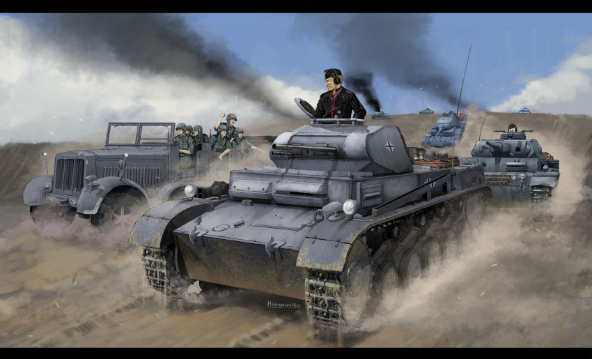 6+boys artist_name bt-7 caterpillar_tracks clouds commentary_request day dust dust_cloud emblem ground_vehicle gun half-track harumiya_hiro hat headphones highres iron_cross looking_to_the_side military military_hat military_uniform military_vehicle motor_vehicle multiple_boys nazi_flag original panzerkampfwagen_ii panzerkampfwagen_iii rifle sky smoke tank uniform weapon