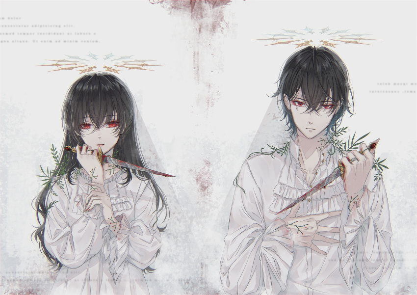 1boy 1girl black_hair blood bloody_clothes bloody_hands bloody_weapon closed_mouth cross cross_earrings dagger dripping earrings eyebrows_visible_through_hair fingernails frills halo highres holding holding_dagger holding_weapon jewelry long_fingernails long_hair making-of_available mokoppe original parted_lips plant red_eyes sharp_fingernails weapon white_theme