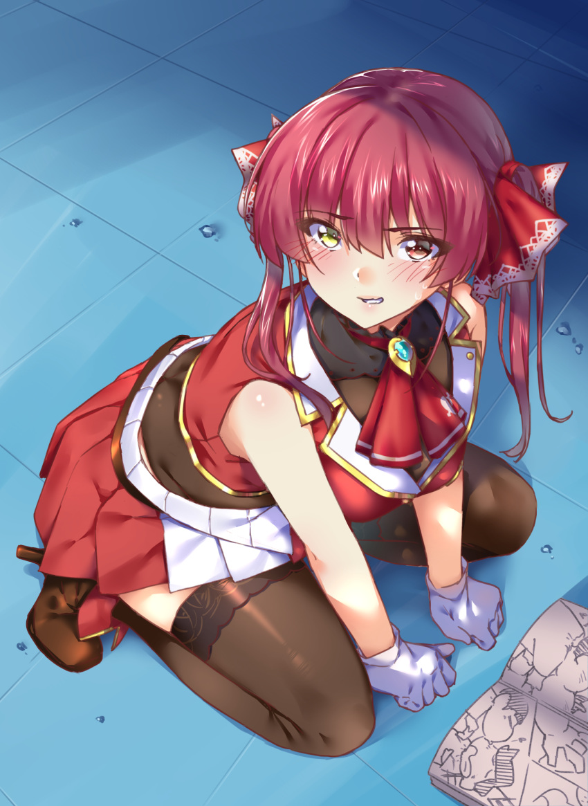 1girl ascot bangs bare_arms bare_shoulders blush breasts brown_legwear clenched_teeth commentary_request derivative_work from_above gloves hair_ribbon heterochromia high_heels highres hololive houshou_marine koubou_(cowbow_kun) large_breasts long_hair looking_at_viewer manga_(object) open_mouth pleated_skirt red_eyes redhead ribbon sailor_moon_redraw_challenge skirt solo teeth thigh-highs tile_floor tiles twintails virtual_youtuber white_gloves yellow_eyes