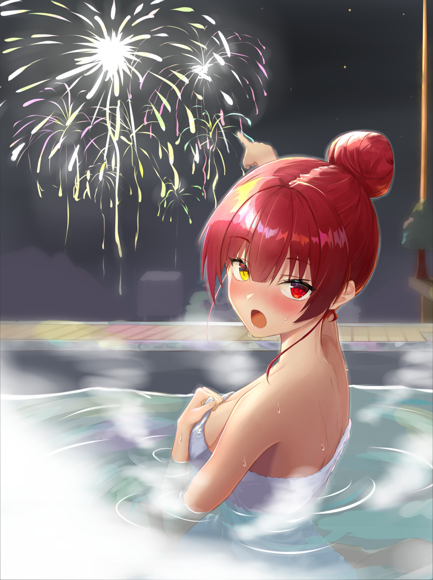 1girl :o bangs bare_shoulders bathing blush breasts fireworks hair_bun heterochromia highres hololive houshou_marine large_breasts long_hair looking_at_viewer naked_towel night nyaa28 open_mouth pointing red_eyes redhead solo towel virtual_youtuber wet yellow_eyes