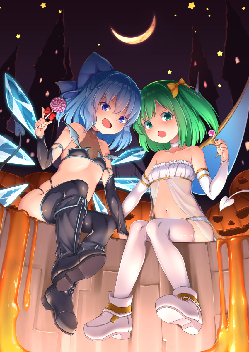 2girls bare_shoulders black_bra black_footwear black_gloves black_legwear black_panties blue_bow blue_eyes blue_hair boots bow bra candy cirno collarbone commentary commission crescent daiyousei demon_tail elbow_gloves flat_chest food gloves green_eyes green_hair hair_between_eyes hair_bow halloween highres holding holding_food ice ice_wings jack-o'-lantern lollipop long_hair looking_at_viewer medium_hair multiple_girls navel night night_sky one_side_up open_mouth outdoors panties see-through shoes sitting sky smile tail thigh-highs touhou underwear white_footwear white_gloves white_legwear white_panties wings yaosera yellow_bow