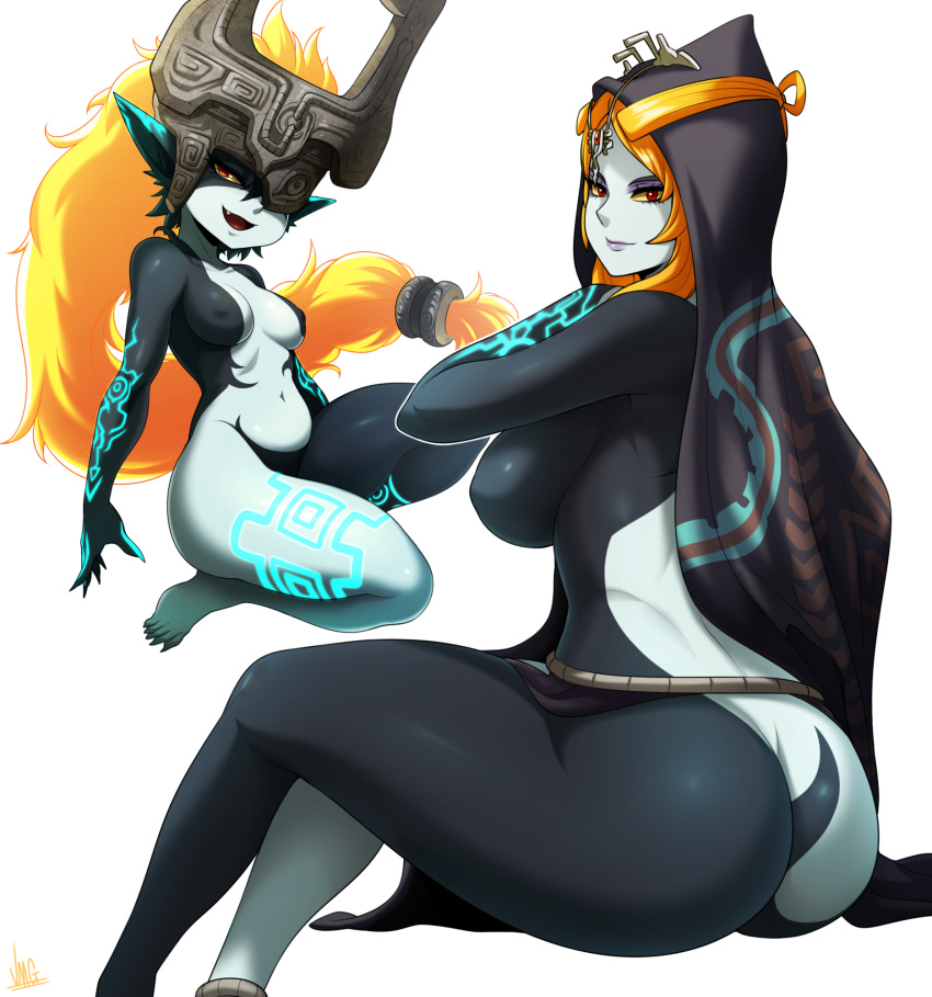 1girl artist_name ass barefoot breasts commentary fang highres hood hoodie jmg large_breasts looking_at_viewer midna midna_(true) orange_hair pointy_ears red_eyes signature simple_background sitting smile spoilers the_legend_of_zelda the_legend_of_zelda:_twilight_princess thick_thighs thighs white_background yellow_sclera