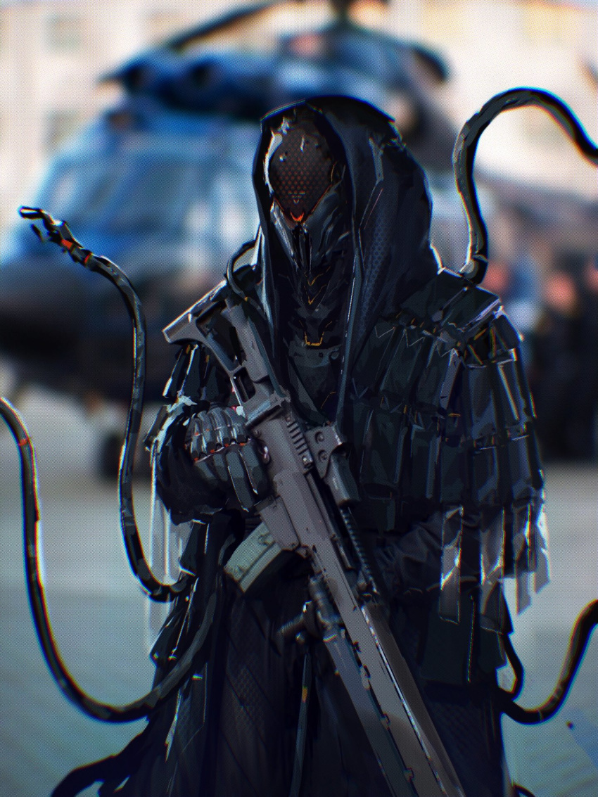 armor blurry blurry_background gun helmet highres holding holding_gun holding_weapon looking_ahead original photo_background science_fiction siku199 solo tentacles weapon