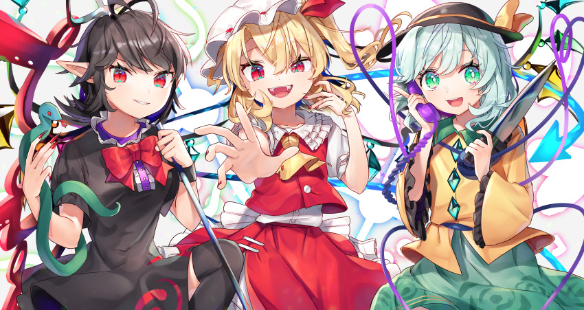 3girls absurdres ascot asymmetrical_wings black_dress black_hair black_legwear blonde_hair blue_wings blush bow bowtie buttons center_frills collared_shirt crystal dress eyeball eyebrows_visible_through_hair fangs flandre_scarlet floral_print frilled_dress frilled_shirt frilled_shirt_collar frilled_skirt frilled_sleeves frills green_eyes green_hair green_skirt gunjou_row hat hat_bow hat_ribbon heart heart_of_string highres holding holding_phone holding_weapon houjuu_nue huge_filesize knife komeiji_koishi long_sleeves medium_hair mob_cap multiple_girls nail_polish one_side_up open_mouth phone pointy_ears polearm puffy_short_sleeves puffy_sleeves red_bow red_eyes red_neckwear red_ribbon red_skirt red_vest red_wings ribbon shirt short_dress short_hair short_sleeves siblings side_ponytail skirt skirt_set snake stage_connection string thigh-highs third_eye touhou trident vest wavy_hair weapon white_shirt wide_sleeves wings yellow_bow yellow_neckwear yellow_ribbon yellow_shirt zettai_ryouiki