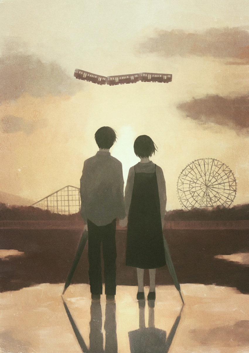 1boy 1girl absurdres black_hair clouds dress evening ferris_wheel film_grain from_behind ground_vehicle highres hill holding_hands mikami_yui muted_color original puddle reflection roller_coaster scenery shirt short_hair sky surreal train umbrella untucked_shirt wind