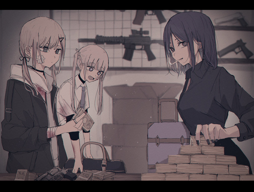 +_+ 3girls :d assault_rifle bandaged_arm bandages bandaid bandaid_on_cheek bangs black_hair black_jacket black_nails black_shirt blood bloody_clothes blurry blurry_background box breasts brown_eyes brown_hair cardboard_box cigarette closed_mouth collared_shirt commentary_request depth_of_field drawstring eyebrows_behind_hair grey_eyes gun hair_between_eyes hair_ornament hairclip handgun highres holding holding_money hood hood_down hoodie jacket letterboxed long_hair long_sleeves money mouth_hold multiple_girls nail_polish necktie open_clothes open_jacket open_mouth original parted_bangs pistol purple_neckwear rifle shirt short_over_long_sleeves short_sleeves small_breasts smile smoke smoking suitcase table tsuruse twintails weapon weapon_request white_hoodie white_shirt