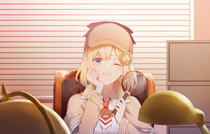 1girl aeror bangs blonde_hair blue_eyes blush breasts collared_shirt commentary deerstalker detective grin hat highres holding hololive hololive_english long_sleeves looking_at_viewer magnifying_glass monocle_hair_ornament necktie one_eye_closed red_neckwear shirt smile solo teeth virtual_youtuber watson_amelia white_shirt