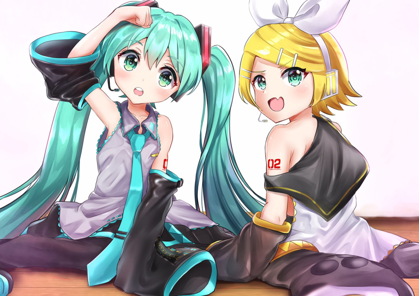 2girls :o aqua_eyes aqua_hair aqua_neckwear bangs bare_shoulders black_collar black_legwear black_skirt black_sleeves blonde_hair bow child collar commentary detached_sleeves fang grey_shirt hair_bow hair_ornament hand_on_own_head hatsune_miku headphones headset highres itogari kagamine_rin leg_warmers long_hair looking_at_viewer multiple_girls necktie open_mouth oversized_clothes sailor_collar school_uniform shirt short_hair shoulder_tattoo sitting skin_fang skirt sleeveless sleeveless_shirt swept_bangs tattoo thigh-highs twintails very_long_hair vocaloid white_bow white_shirt wooden_floor younger