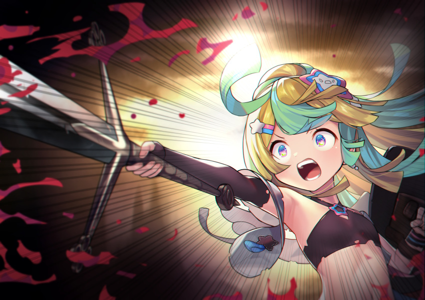 1girl :o amakawa_hano bettle_(b_s_a_n) blonde_hair blood blue_eyes elbow_gloves emphasis_lines fingerless_gloves flat_chest gloves hair_ornament highres holding holding_shield holding_sword holding_weapon long_hair midriff multicolored_hair rainbow_hair_ornament re:act screaming shield solo star_(symbol) star_hair_ornament sword two-tone_hair upper_body virtual_youtuber weapon